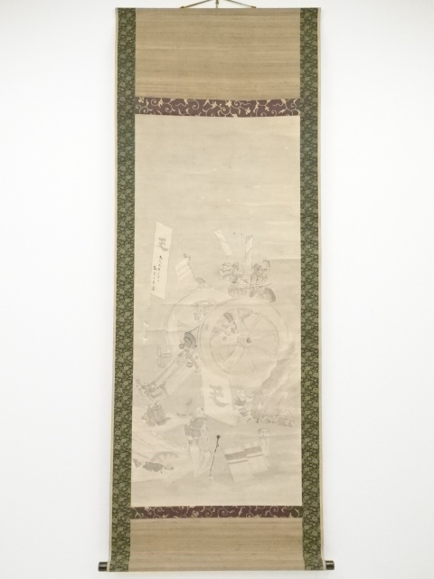 JAPANESE HANGING SCROLL / HAND PAINTED / CANNON / BY CHITORA KAWASAKI (1861)